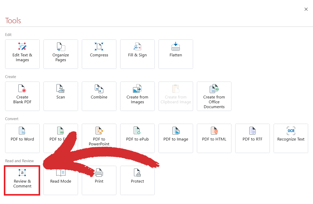 MobiPDF: accessing the commenting tools from the Tools menu